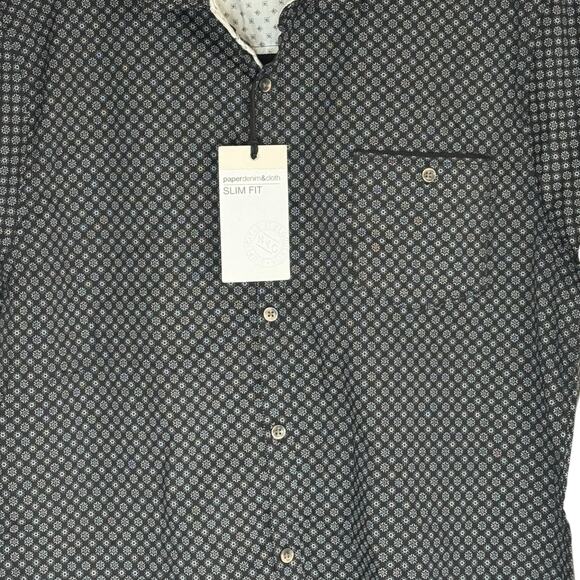 Paperdenim & Cloth Slim Fit Shirt XL Black White Geometric Short Sleeve NWT - Picture 2 of 16